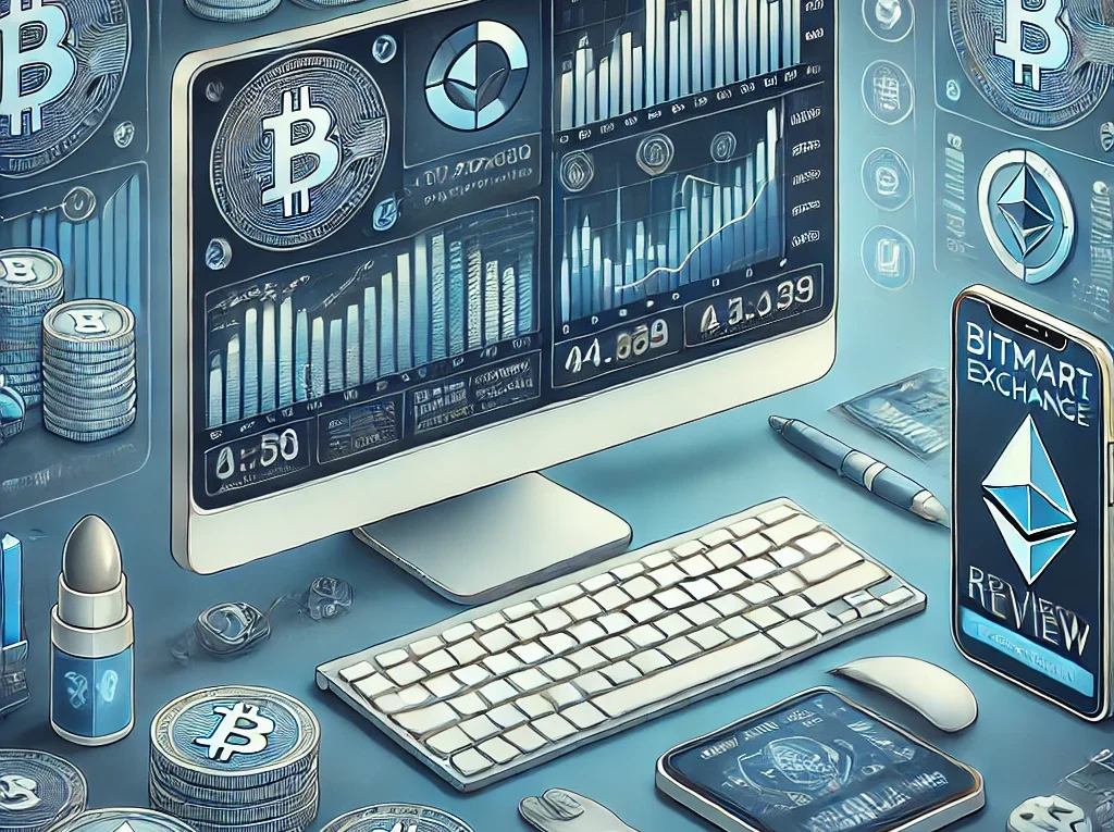 A detailed illustration representing a cryptocurrency exchange platform review. The image shows a computer screen with a user-friendly interface displ