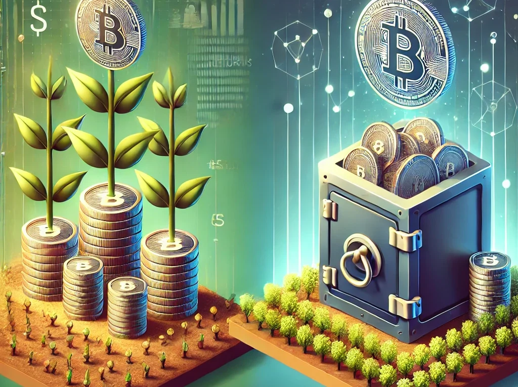 A digital illustration comparing yield farming and staking in cryptocurrency. On the left, a depiction of yield farming with coins growing from plants