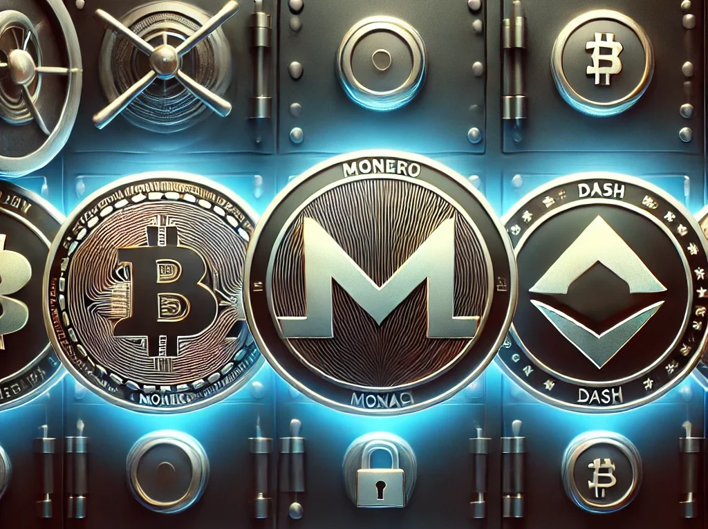 A digital illustration of popular privacy coins like Monero, Zcash, and Dash arranged on a dark, secure vault background with cryptographic symbols (e
