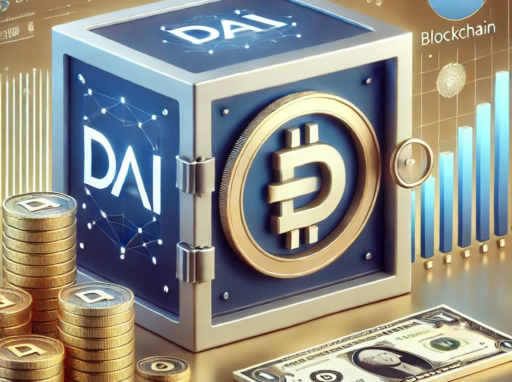 A high-quality digital illustration depicting a financial scene with the DAI cryptocurrency logo in the foreground, representing stability and securit