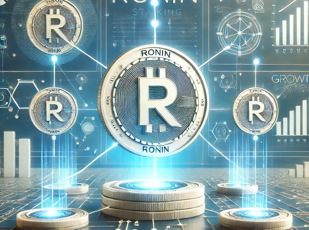 A visually appealing digital illustration for an article on earning with Ronin (RON) cryptocurrency. The image features a secure, futuristic blockchai