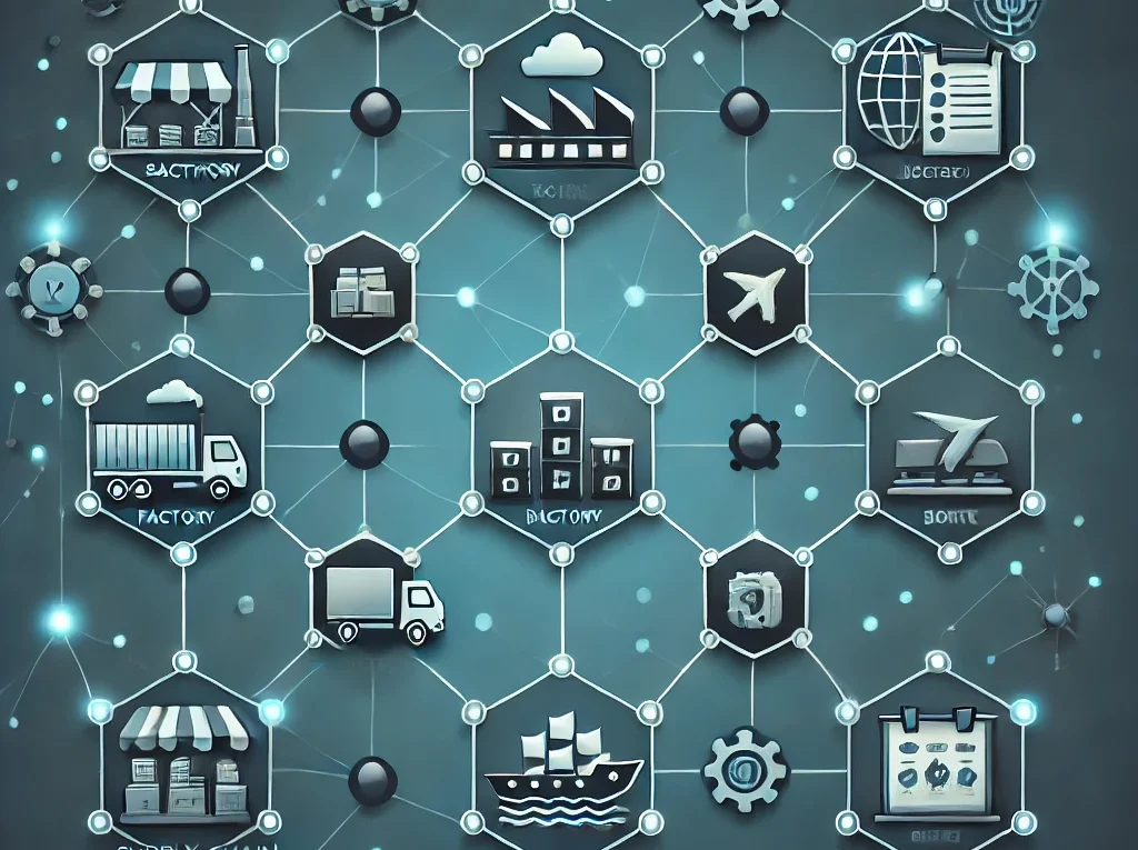 An illustration of a modern supply chain represented on a blockchain. The image shows various elements such as a factory, a cargo ship, and retail sto