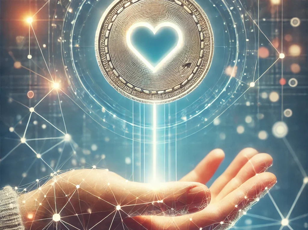 An image representing blockchain technology in charitable donations. A digital hand holding a glowing coin with a heart symbol is shown against a tran