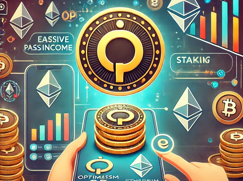 Create an engaging image for a cryptocurrency article focused on earning with Optimism (OP). The image should depict the Optimism (OP) logo