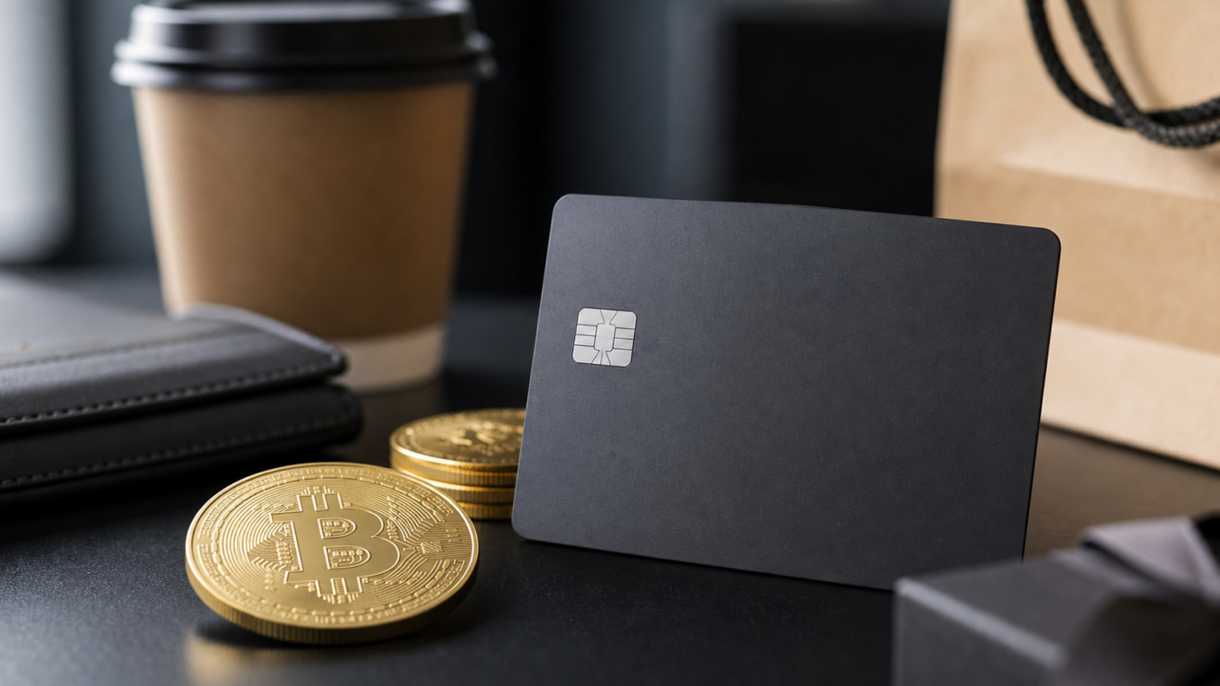 Unbranded crypto payment card with subtle gold Bitcoin-inspired coin forms.