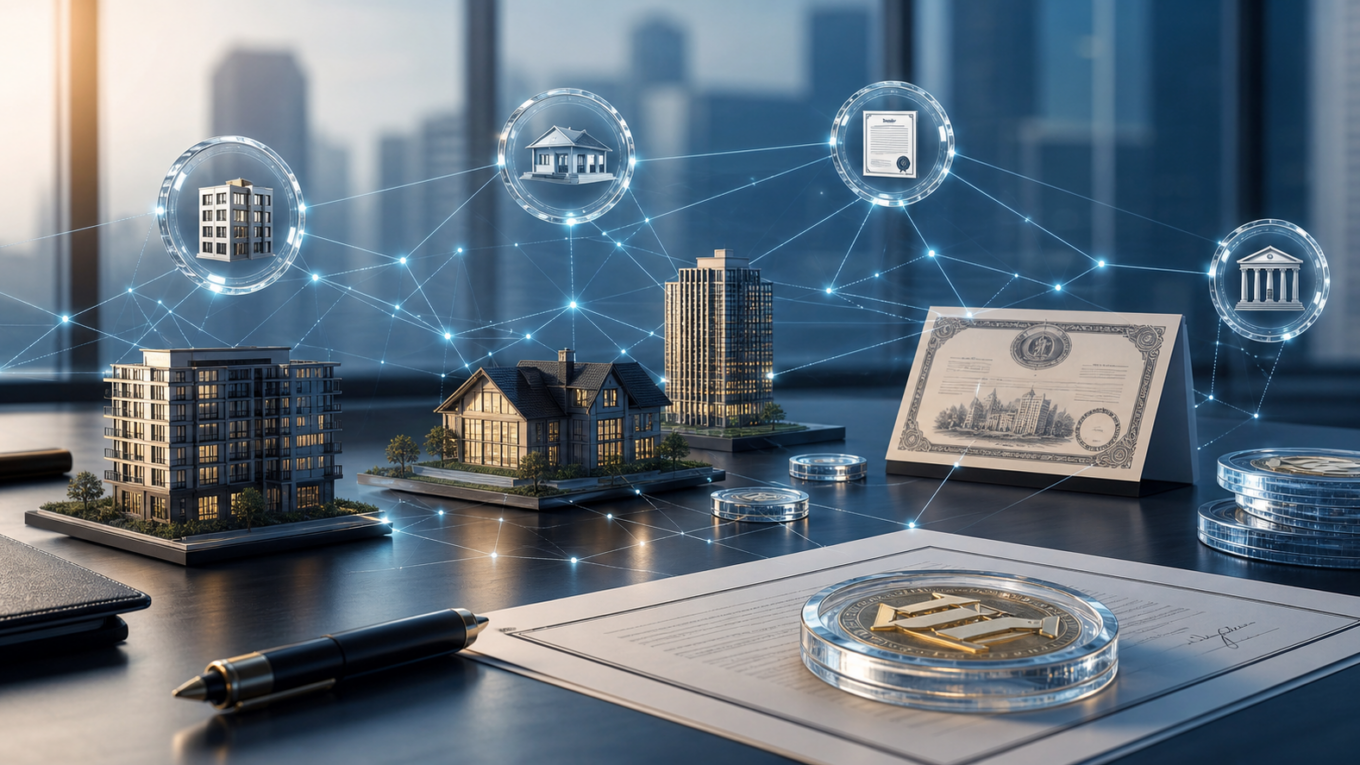 Editorial hero image showing tokenized property, bond, and institutional asset exposure connected by blockchain rails.