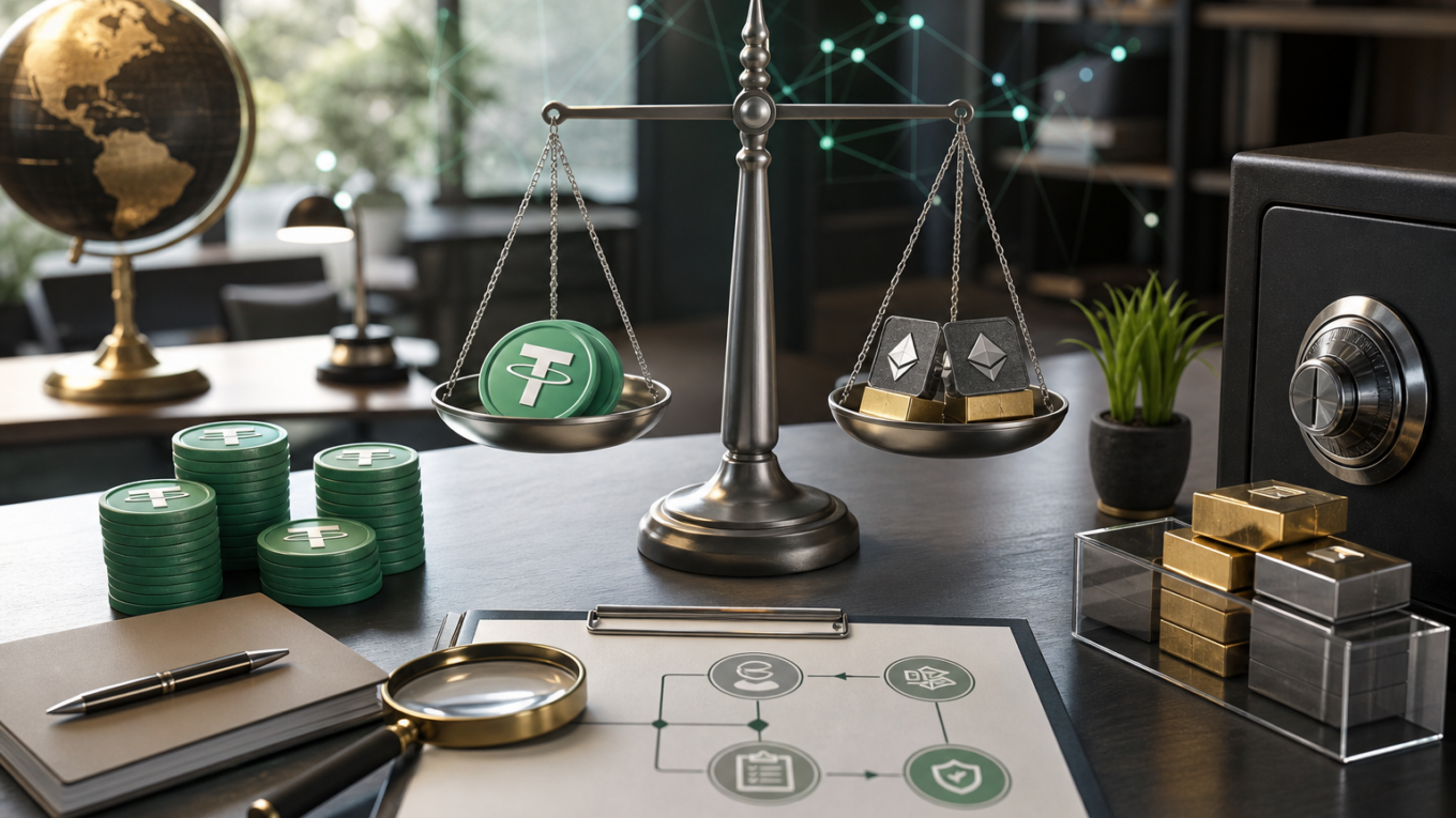 Editorial hero image showing USDT-style stablecoin collateral balanced against crypto assets for a loan comparison article.