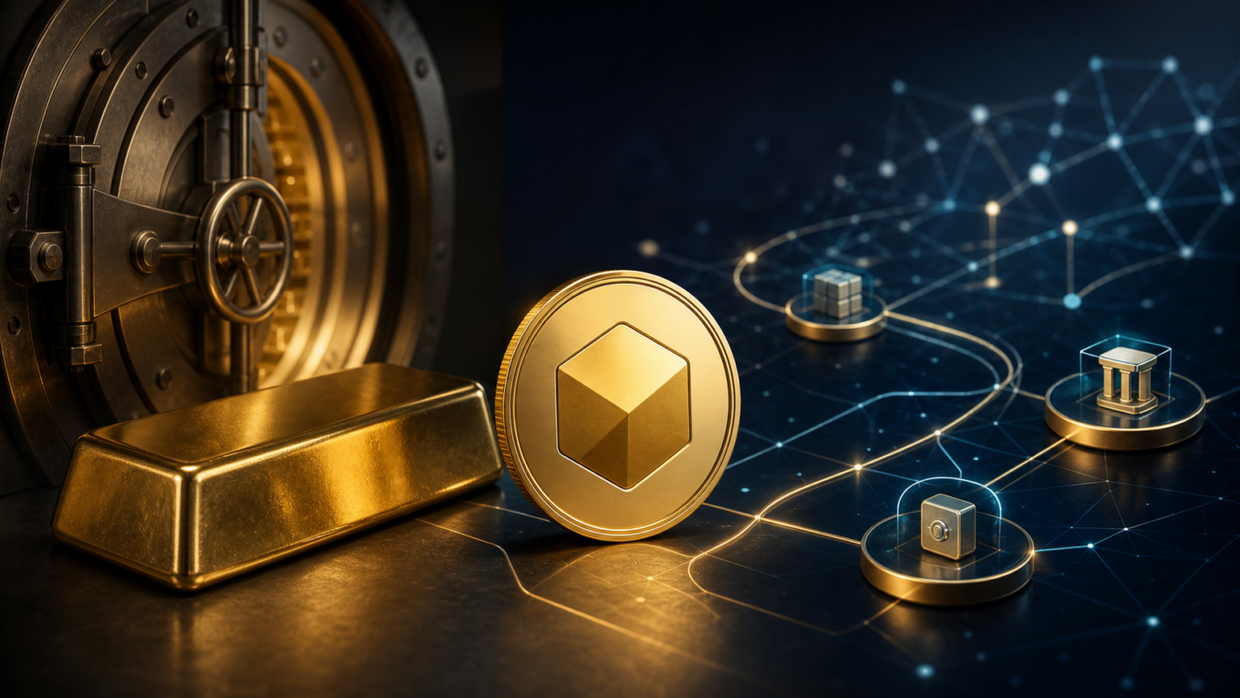 Editorial illustration of tokenized gold connected to savings, lending, and DeFi routes.