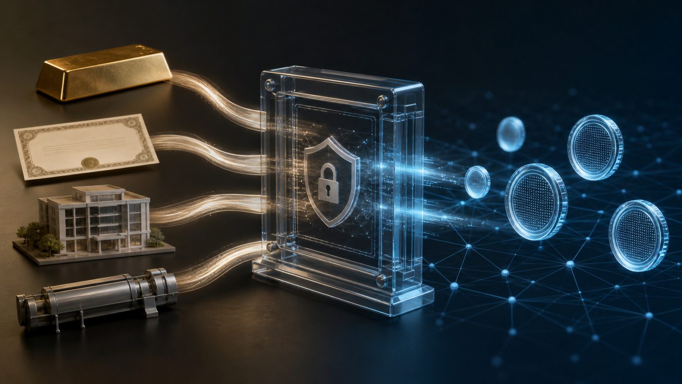 Editorial illustration of physical assets passing through custody into blockchain tokens.