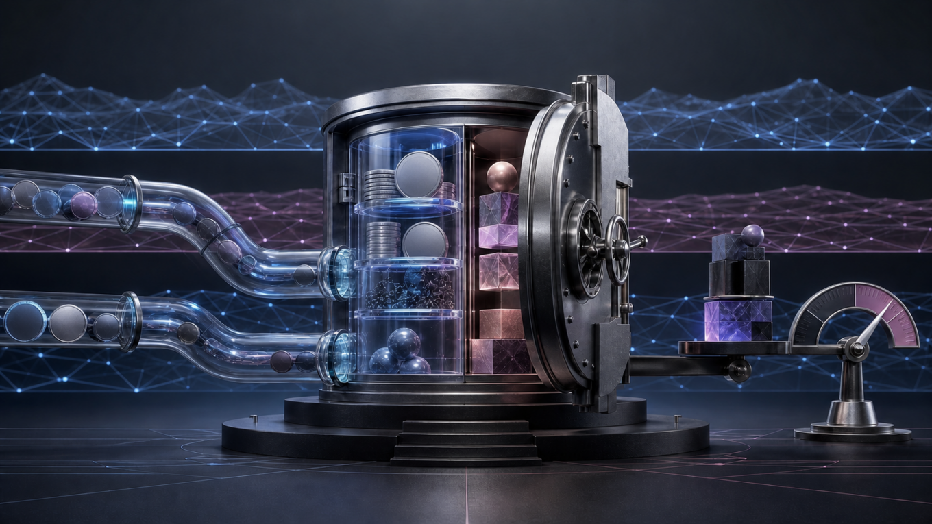 Abstract lending vault with unmarked assets, collateral blocks, and a neutral risk gauge.