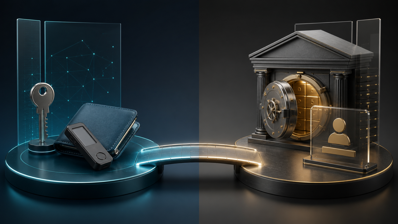 Editorial comparison of a personal crypto wallet and an institutional custody vault linked by a hybrid path.