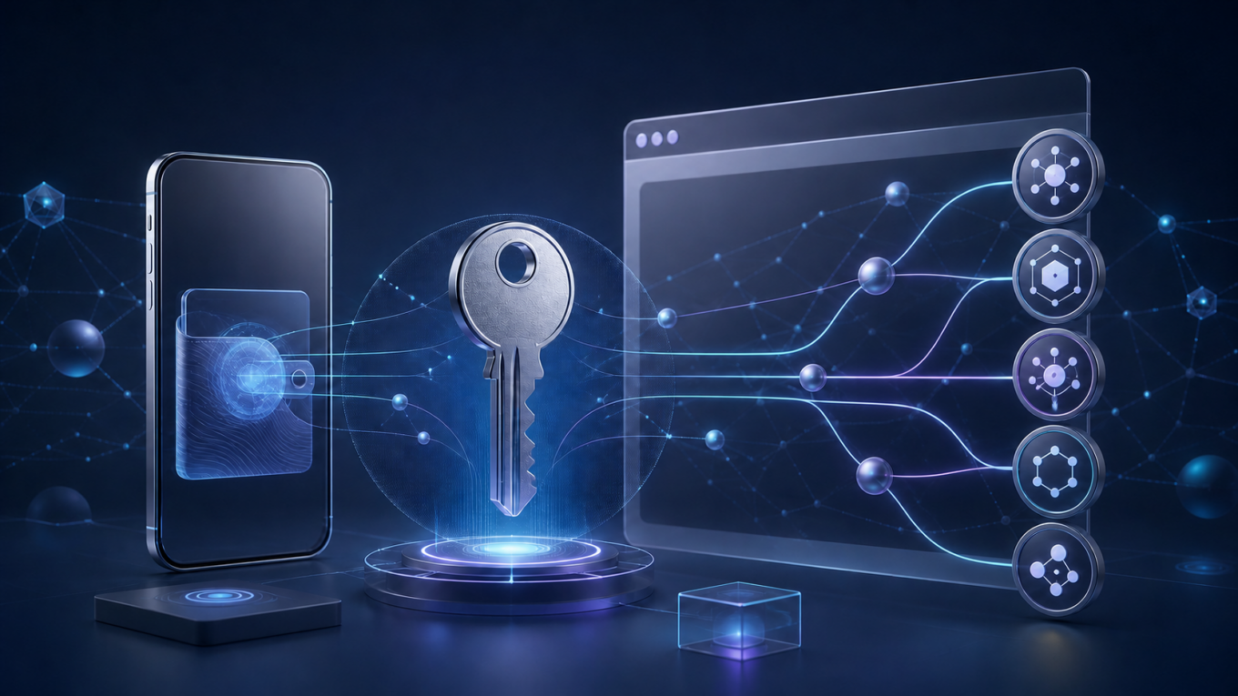 A phone and browser connected through a self-custody key to neutral multi-chain network nodes.