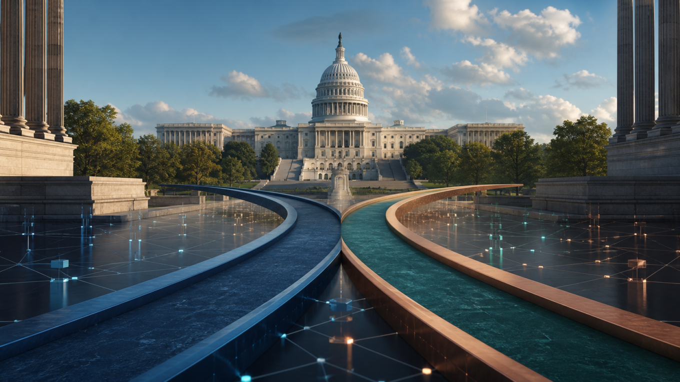 Editorial view of two digital regulatory pathways converging toward the U.S. Capitol.