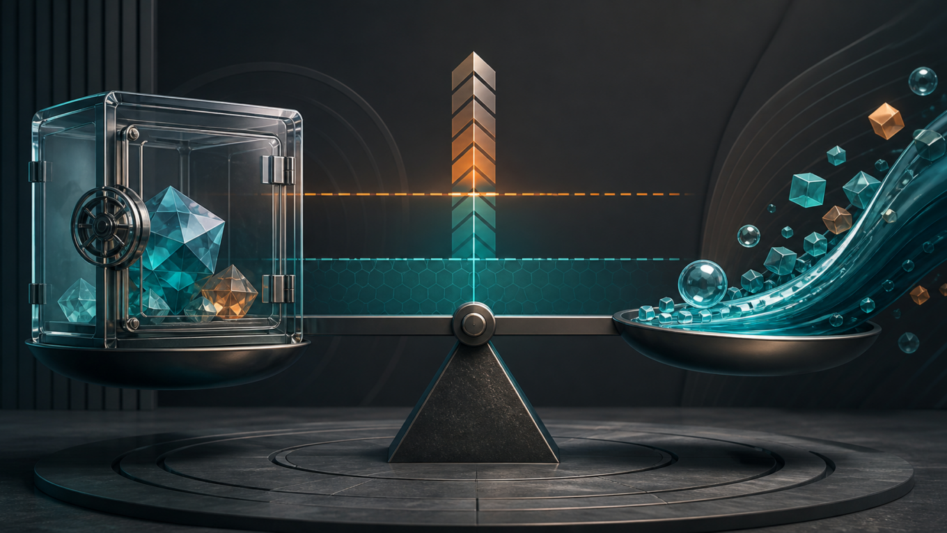 Digital collateral in a vault balanced against flowing borrowed liquidity and a risk threshold.