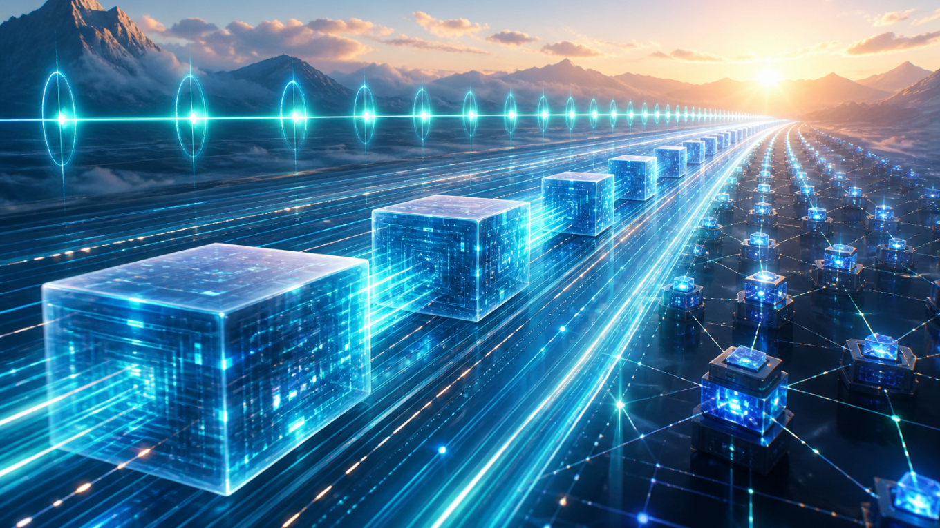 Editorial illustration of a high-speed blockchain network with expanding blocks and faster timing pulses.